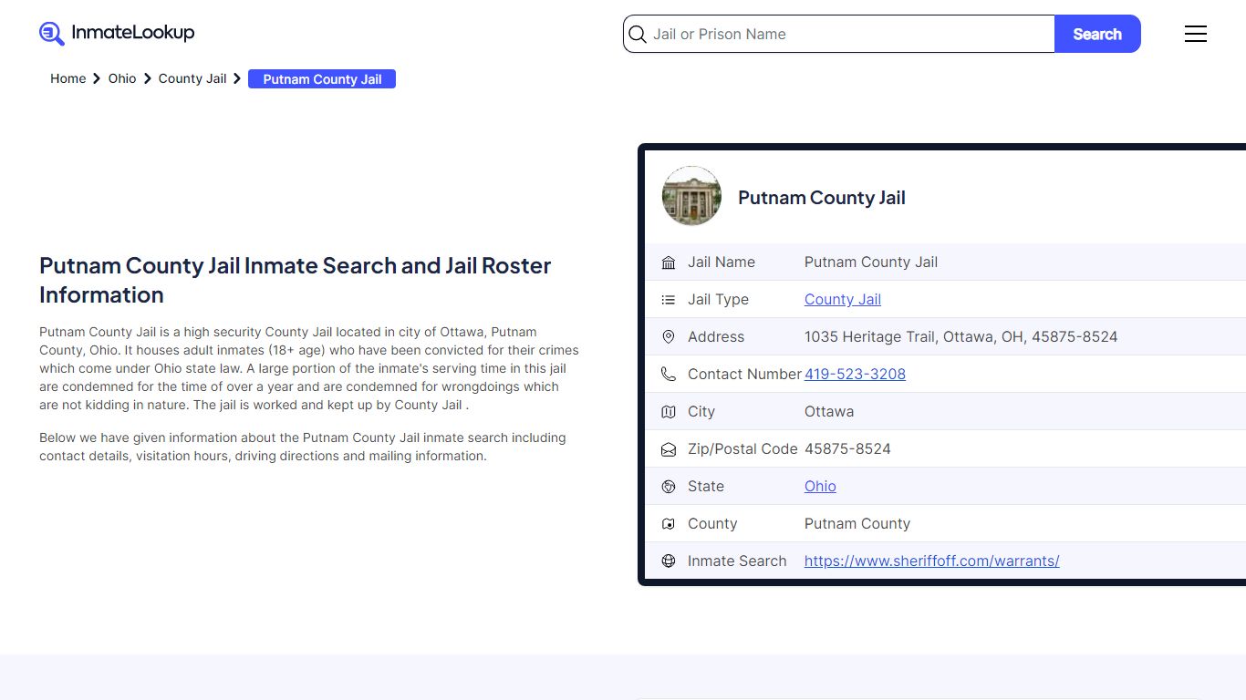 Putnam County Jail Inmate Search and Jail Roster Information